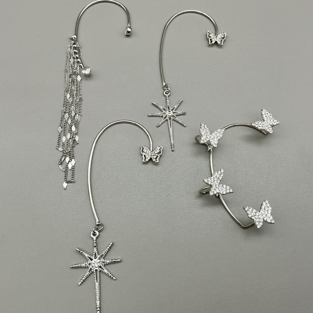 Ear Wrap Cuff Set Silver Tone Butterfly Star Tassel Rhinestone Dangle 4 Pieces